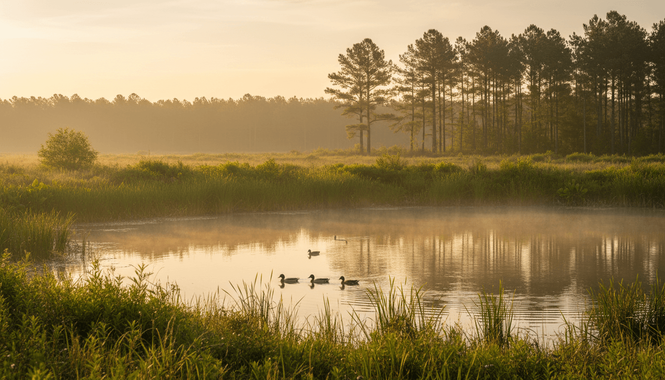 Warm golden-hour wide shot of a managed farm pond in South Carolina