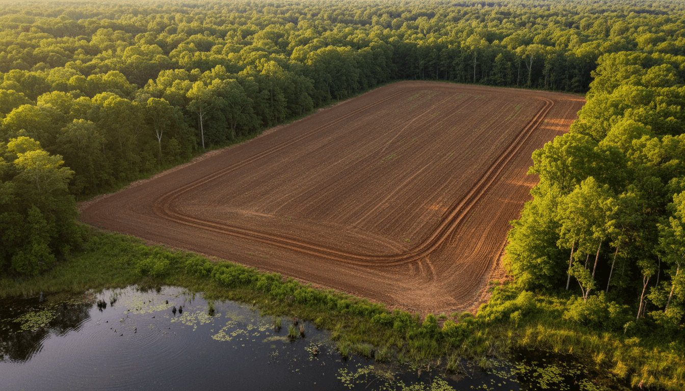 Aerial view of a freshly planted food plot next to a managed duck impoundment in South Carolina
