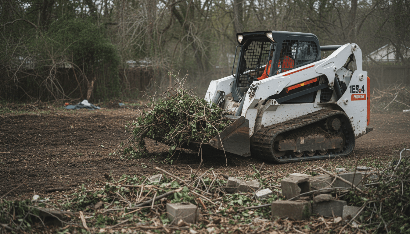 Skid steer loader clearing dense vegetation from overgrown residential property, operator visible in cabin
