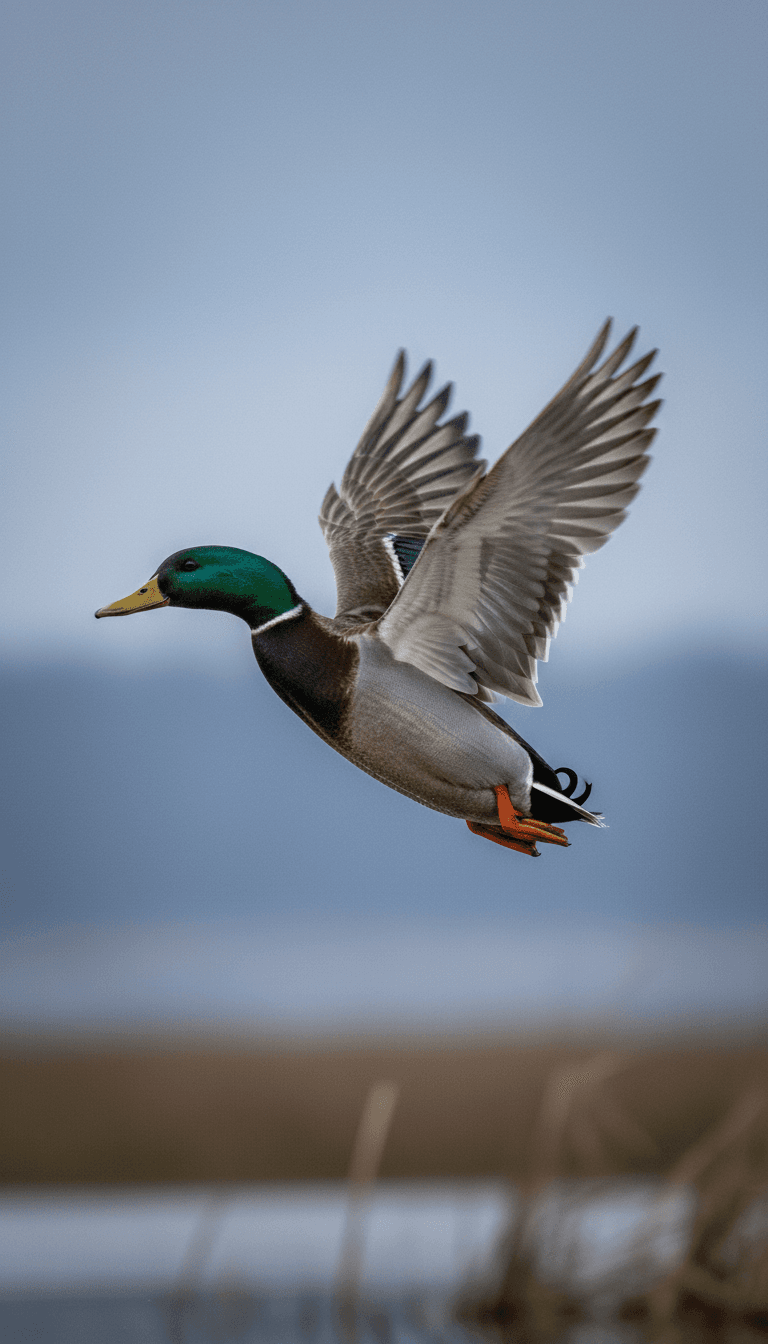 Mallard drake in flight with wings extended, captured against soft overcast sky showing intricate feather detail